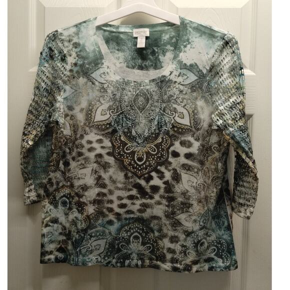 Chico's Zenergy Size Large (2) Artsy Rhinestone 3/4 Sleeves w/ Eyelet Detail Top - Picture 1 of 6